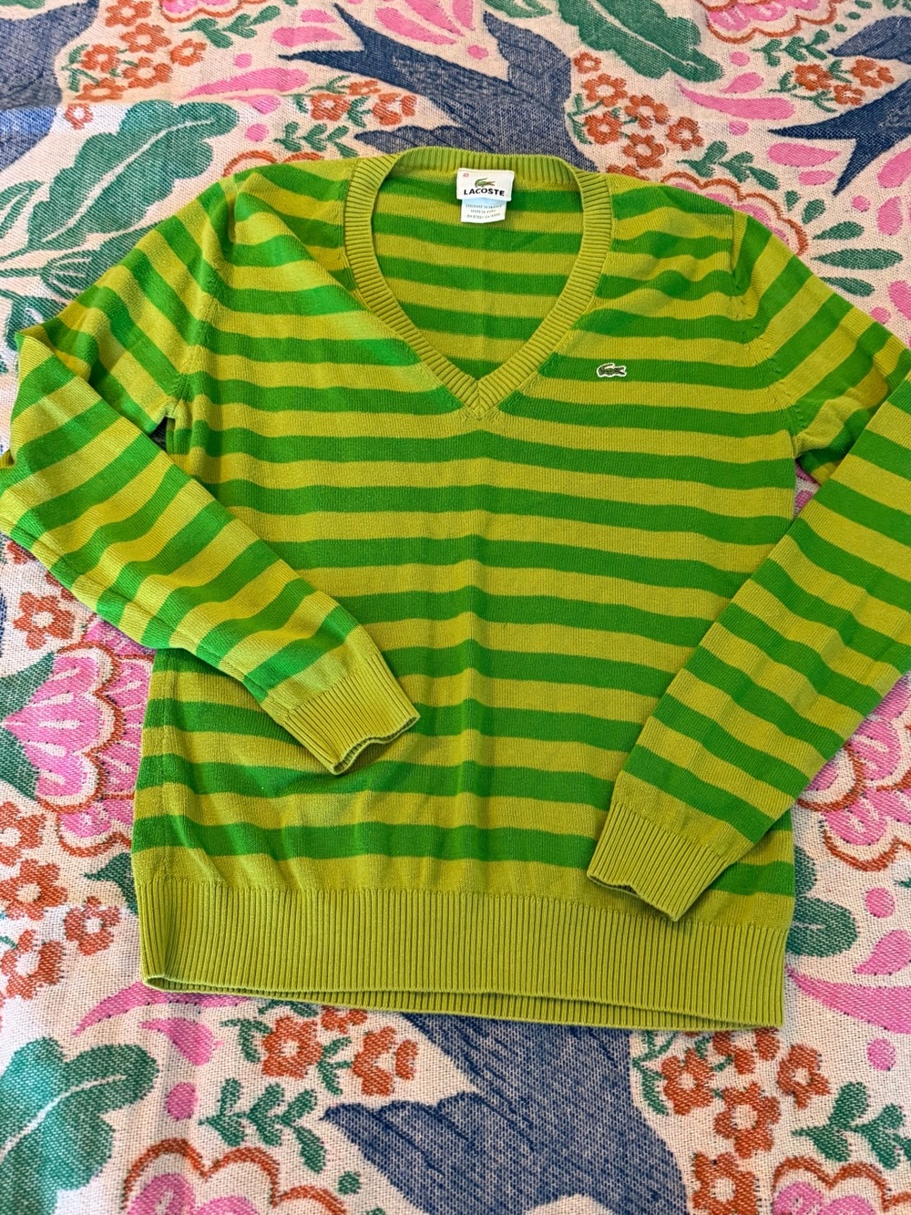 🐊 Y2K Lacoste Striped V-Neck Sweater - Green/Chartreuse - Size 40 (US M/L)